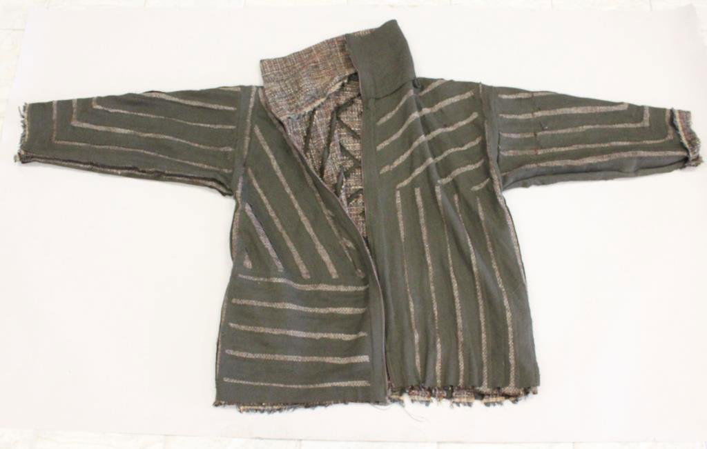 HAUTE COUTURE REVERSIBLE PIECED WOOL COAT: Army green. Pieced, deconstructed coat. No designer label, possible reversible. Size: Length: 34" Width: 27" Sleeve: 22.5" Condition: Good, used condition. No rips or stains. From a Port Chester, NY E