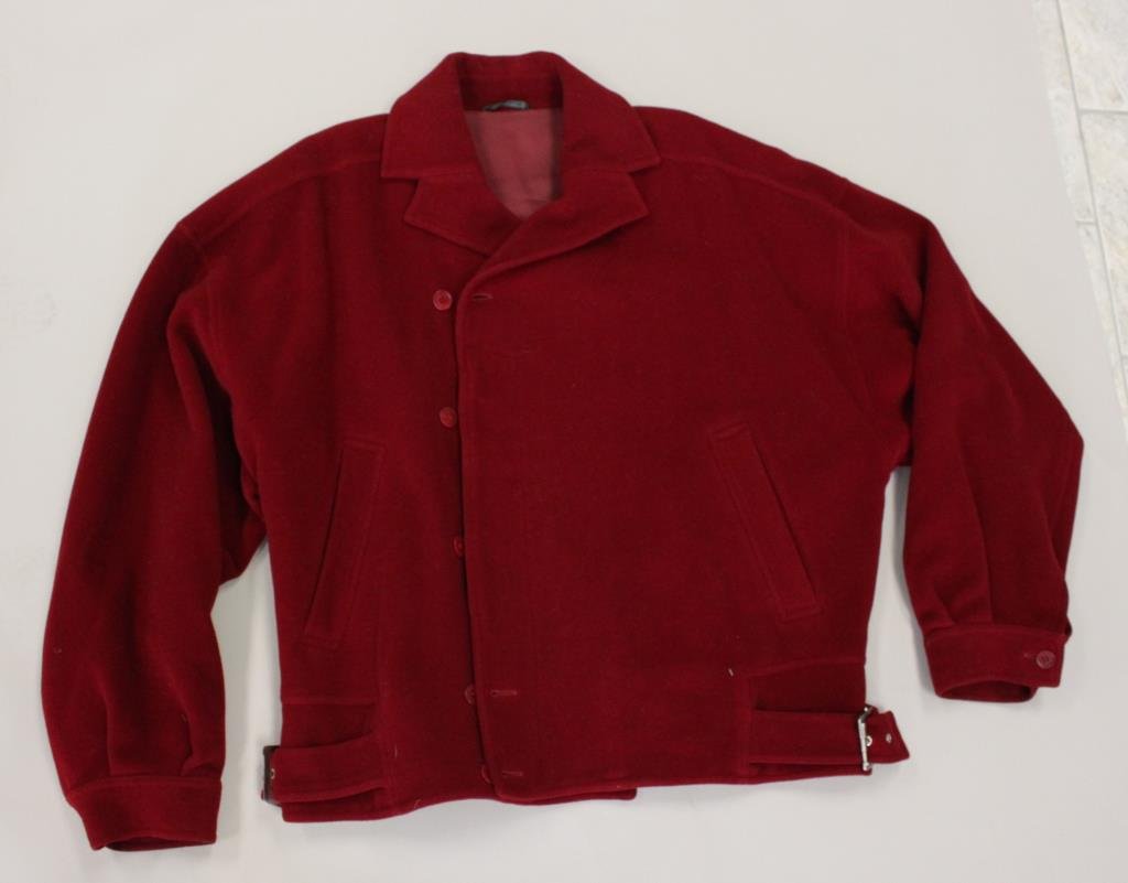 GIANNI VERSACE ITALY RED WOOL JACKET: Vintage. Original label. Size: EU: 52 Length: 27.5" Width: 25.5" (underarm) Sleeve: 19" Condition: Good, used. No rips or staining. From a Port Chester, NY Estate.