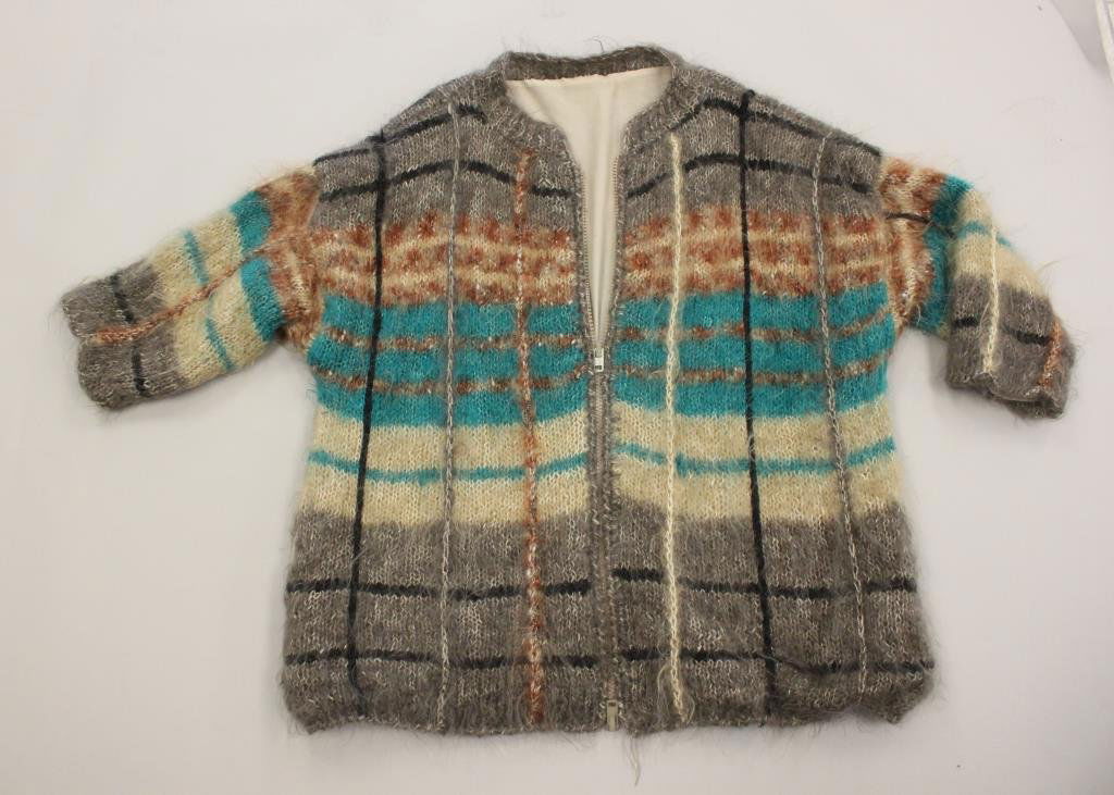 HAUTE COUTURE KNIT MOHAIR SWEATER: One of a kind. Zip up. Striped with mohair. Size: Length: 34" X Width underarm: 29" X Sleeve: 14" Condition: Good, used. No rips or staining. From a Port Chester, NY Estate.