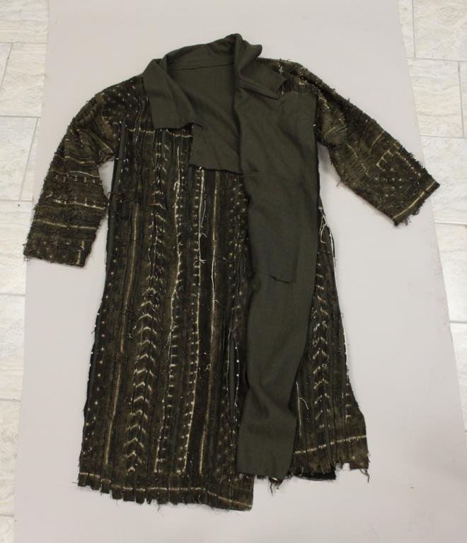 ORIGINAL DESIGNER GREEN STRIPED APPLIQUE COAT: No designer label. wool, deconstructed, applique design. Collared, with inside pockets. Size: Length: 51" X Width underarm: 25" X Sleeve: 22.5" Condition: Good, used. No staining. From a Port Chester,