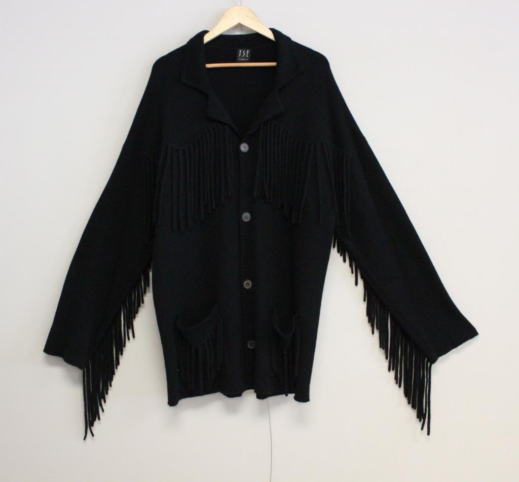 TSE BLACK FRINGE CASHMERE SWEATER OR KNIT JACKET: Collared, pocketed. 100% Cashmere. Original label. Size: Length: 34.5" X Width underarm: 22.5" X Sleeve: 21.5" Condition: Good, used. NO rips, tears or staining. From a Port Chester, NY Estate.