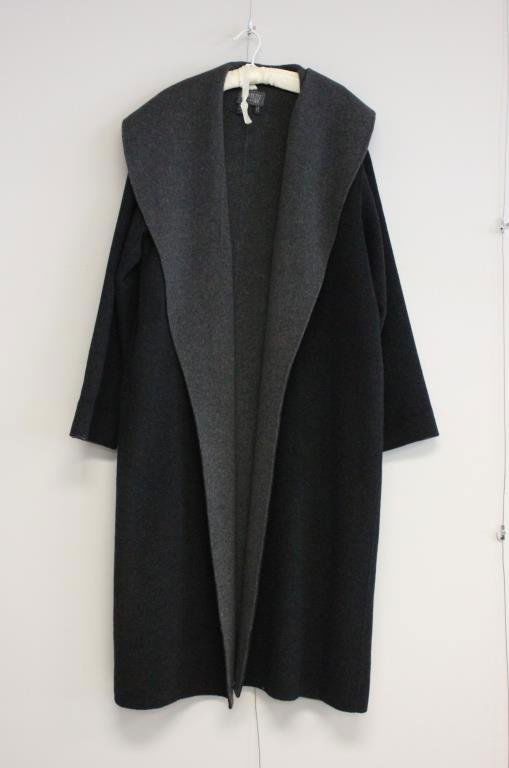LAFAYETTE 148 NEW YORK FULL LENGTH COAT: Grey inside, black outside. 90% Wool, 10% nylon. Original label. Size: Length: 49" Width underarm: 24" X Sleeve: 18.5" Condition: Good, used. NO rips, tears or staining. From a Port Chester, NY Estate