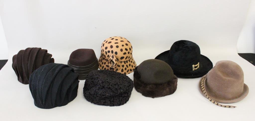 GROUPING OF DESIGNER HATS INCLUDING ARMANI: Vintage. Designers included: Giorgio Armani, Frank Olive, Saks Fifth Avenue, Nicola Gebhard, Etc. Size: Mixed. Condition: Good, Used. From a Port Chester, NY Estate.