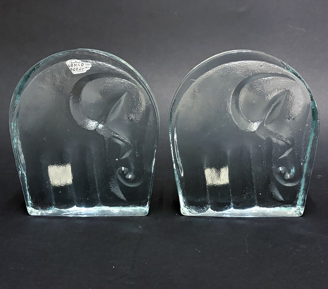 PAIR BLENKO ELEPHANT GLASS BOOKENDS - 2