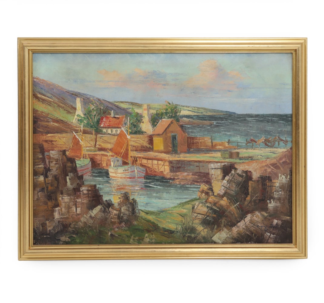 SCANDINAVIAN LANDSCAPE OIL ON CANVAS PAINTING: Indistinctly signed lower right. Oil on canvas. Dimensions: (Frame) H 38" x W 25.25" x (Sight) H 34" x W 25.5 " Condition: Wear consistent with age. Scuffs to frame.