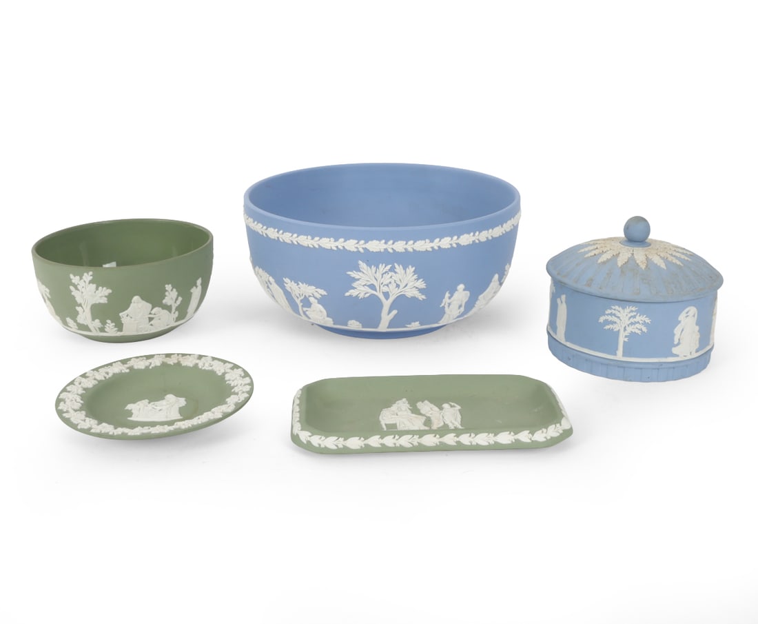 ENGLISH WEDGWOOD JASPERWARE GROUPING: (5) total. Wedgwood porcelain with neoclassical relief patterns. Includes two "Sacrifice" bowls. Marked underside. All are from early 20th century except for storage box from the late 20th century.
