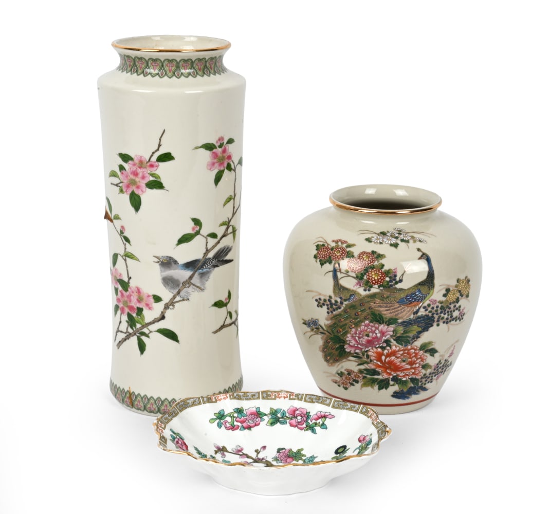 JAPANESE PORCELAIN GROUPING INCL. ROYAL SATSUMA: Both vases are marked underneath. Tray is Duchess bone china from England with Japanese inspired design. 20th century. Dimensions: (Tallest) H 10.75" x W 4.25" Condition: Light wear of finish.