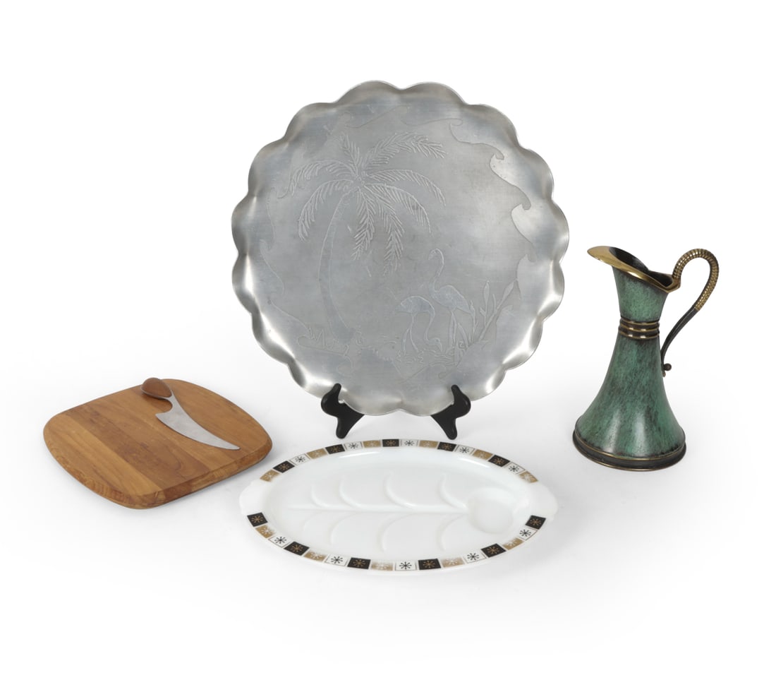 VINTAGE SERVINGWARE GROUPING: Includes large Aluminum platter with tropical design, Israel made vase, Dansk cutting board, and milk glass platter with design around edge. Mid-20th century. Dimensions: (Tallest) H 10.75" x W 6" Con