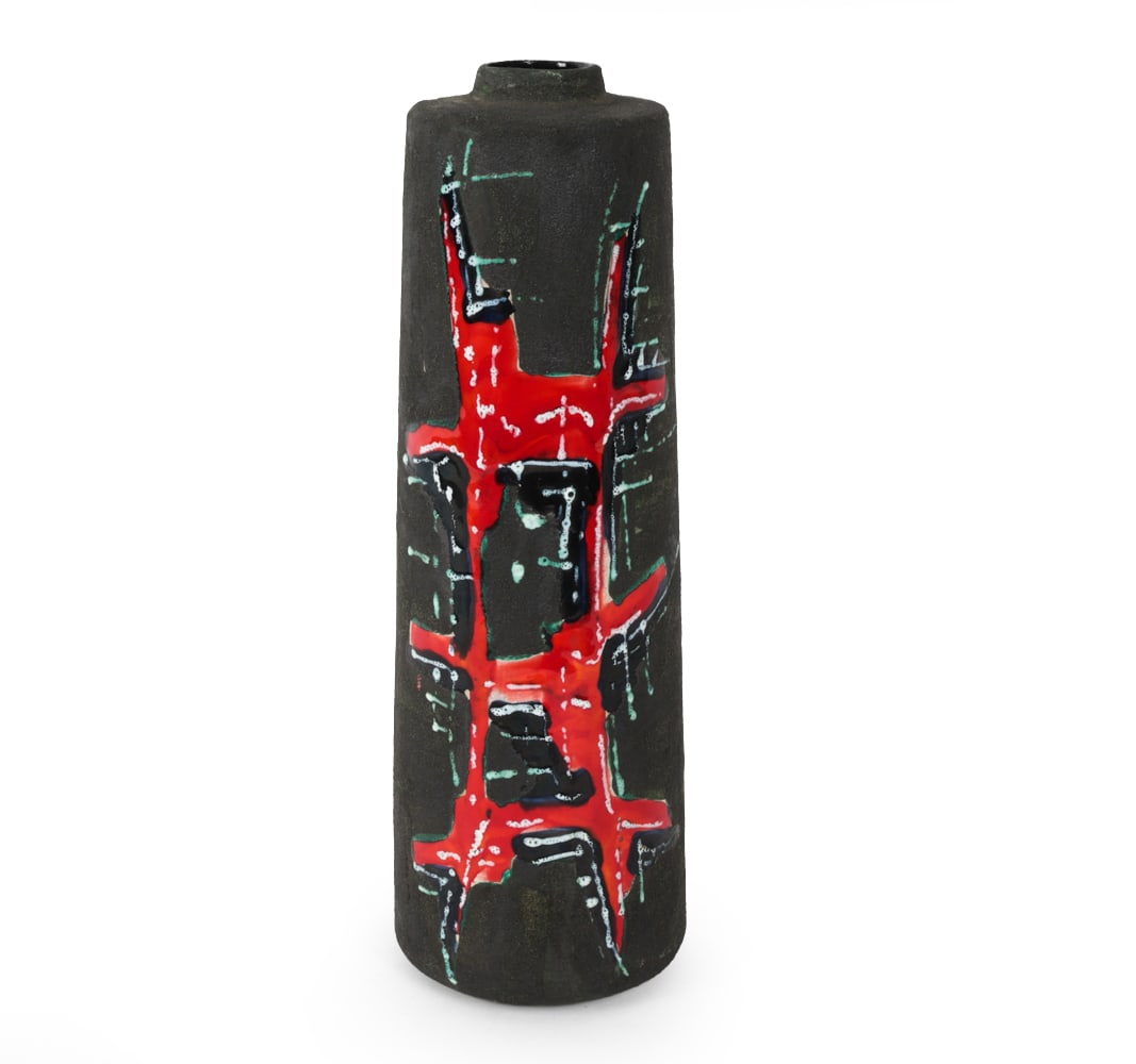 ITALIAN CERAMIC VASE VASE C. 1960S: Marked Italy to underside. Dimensions: H 13.5" x Dia 4.25" Condition: Wear consistent with age and use. Some rubs underneath.