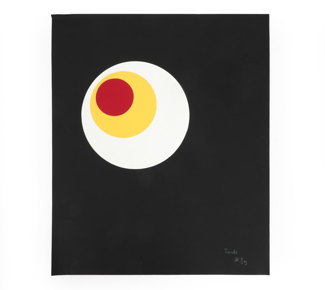 WOLI (GERMAN) GEOMETRIC MIXED MEDIA COLLAGE: Signed, dated, numbered, lower margin. Dimensions: H 23.5" x W 19.5" Condition: Wear consistent with age. Toning, minor soiling, creasing to corners. Light scratch to surface.