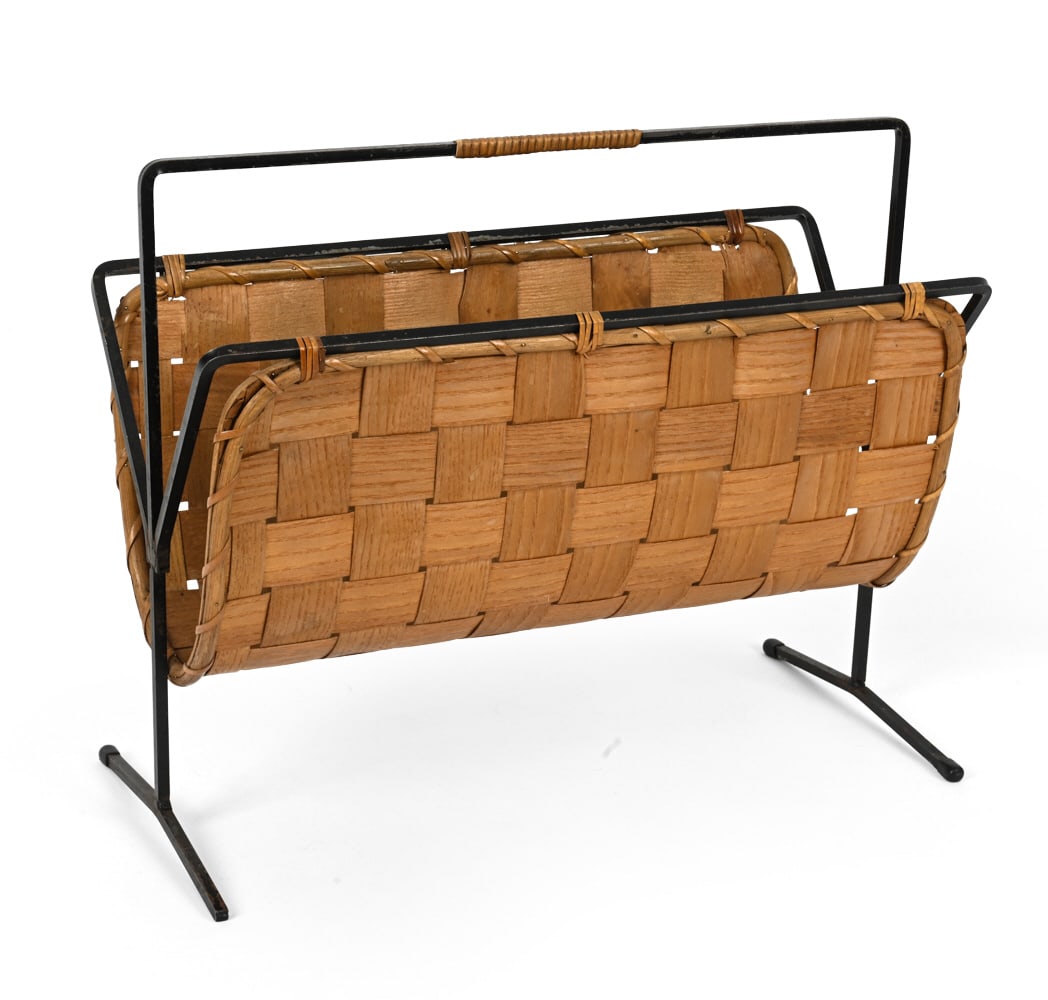 VINTAGE GERMAN WOVEN VENEER MAGAZINE RACK: C. 1970s. Dimensions: H 15" x W 18.5" x D 9" Condition: With few water marks. Wear consistent with age and use.