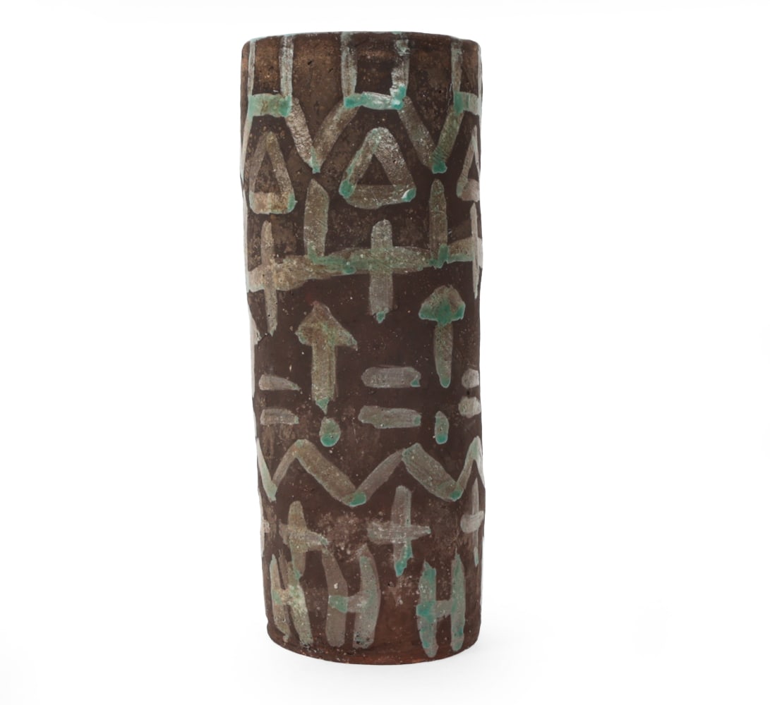 STUDIO CERAMIC VASE C. 1970S: Marked S.A. to bottom. Cylinder vase. Dimensions: H 9" x Dia 3.5" Condition: Wear consistent with age and use. Minor rubs.