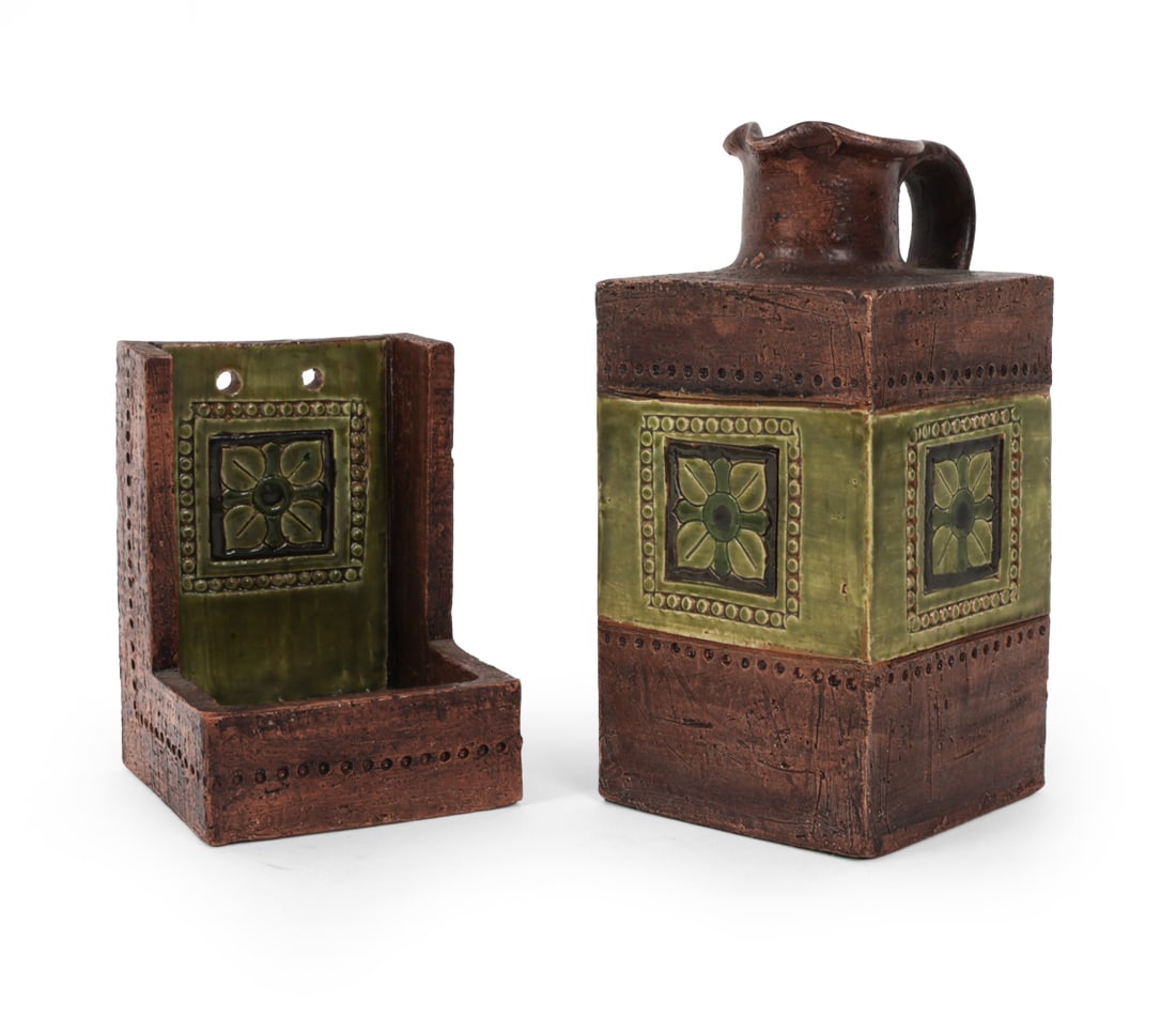 ALDO LONDI FOR BITOSSI ARABESQUE PITCHER & HOLDER: Apparently unmarked. Dimensions: (Largest) H 8" x W 4.5" x D 4" Condition: Wear consistent with age and use. Minor scuffs to underside.