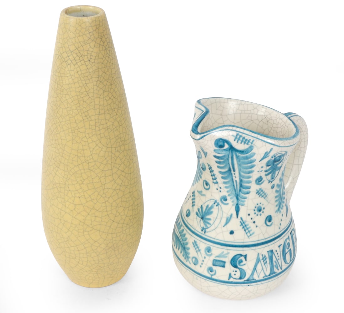 CERAMIC VASE AND PITCHER GROUPING C. 1970S: (2) Vases. One is signed underneath. Dimensions: (Largest) H 11.25" x Dia 45" Condition: Wear consistent with age and use. Minor scuffs.