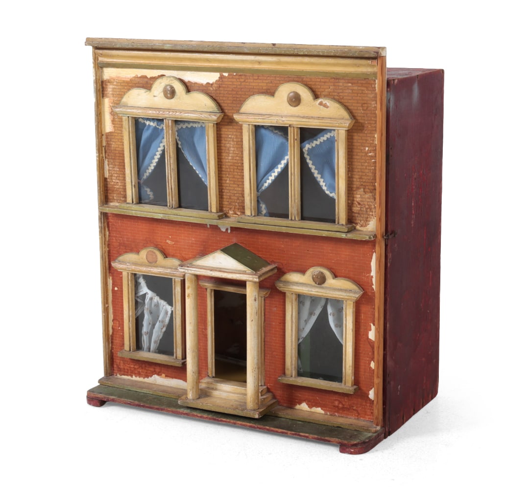 ANTIQUE VICTORIAN STYLE BOX-BACK DOLLHOUSE: Lithographed paper covering. Apparently unmarked. Late 19th to early 20th century. Dimensions: H 30.5 " x W 27" x D 16? Condition: Loss to surface. Scuffs and scratches. Wear consistent with age and