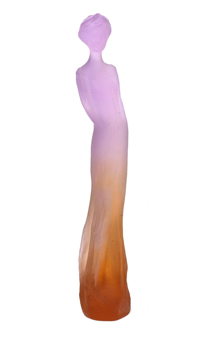 JEAN-PHILIPPE RICHARD FOR DAUM "SOPHIE" SCULPTURE: Crystal sculpture "Sophie" by Jean-Philippe Richard for Daum in purple to amber gradient. Edition 102/375 number and authentication card included. Dimensions: H 16.25" x Dia 3" Condition: with