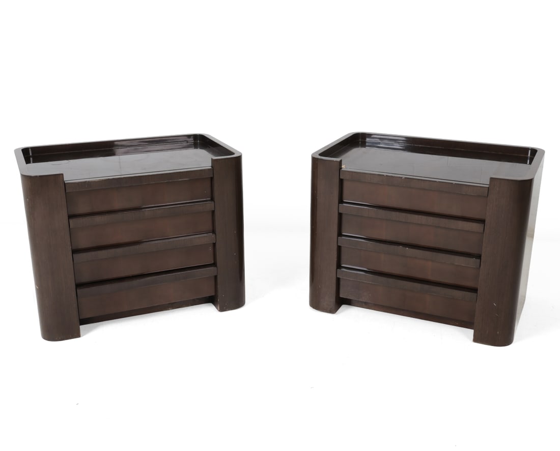PAIR OF LACQUERED OAK CHEST OF DRAWERS: Pair with tray form tops and rounded corners. Apparently unmarked. Dimensions: H 28.5" x W 37" x D 25" Condition: Water marks, scratches and scuffs to surface. Wear consistent with age and use.