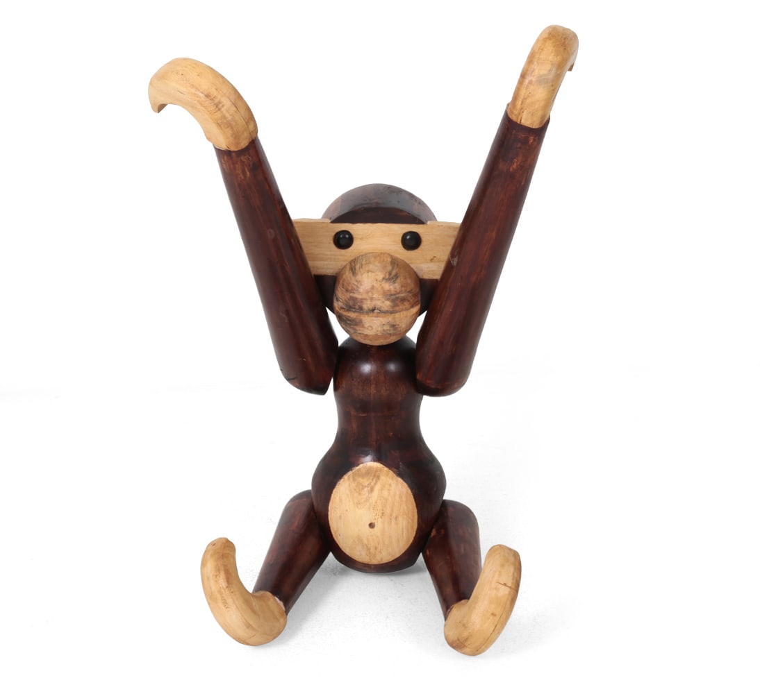 STYLE OF KAY BOJESEN LARGE POSABLE MONKEY FIGURE: Unmarked. Contemporary craft studio made. Dimensions: H 38" x W 29" x D 10.5" Condition: A few scuffs and discoloration. Wear consistent with age and use.