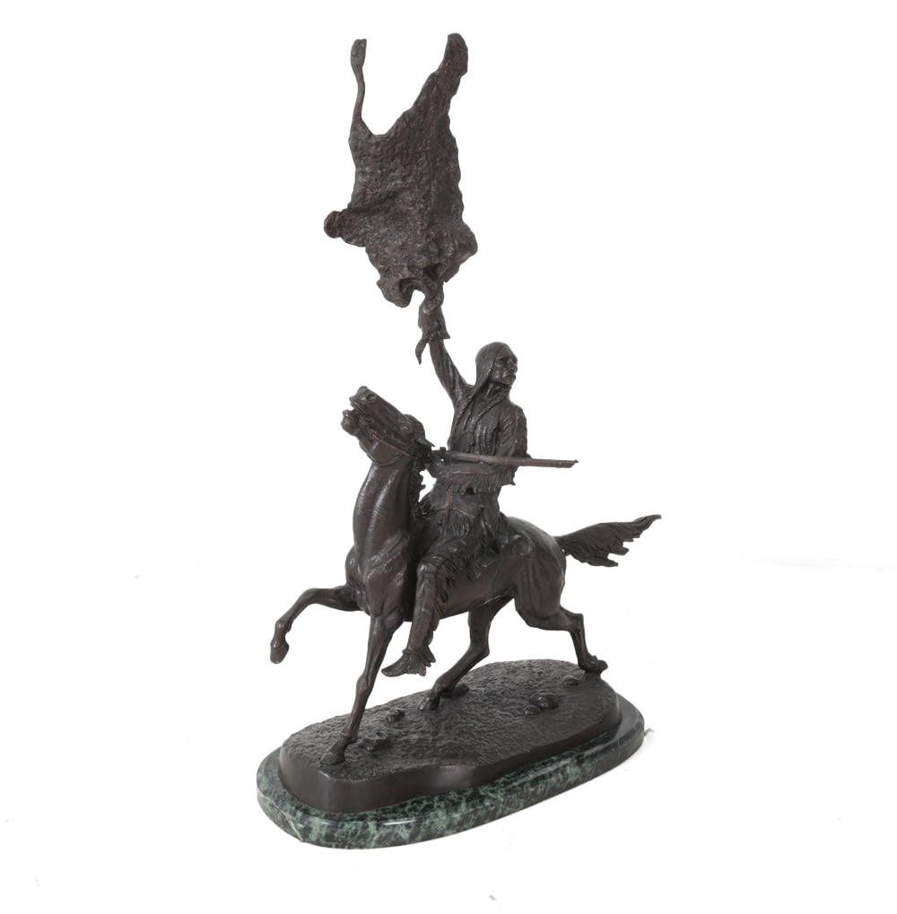 AFTER. FREDERIC REMINGTON BRONZE SCULPTURE: Patinated bronze sculpture after Frederic Remington?s "The Buffalo Signal." Circa, 20th Century. Dimensions: H 37" x W 27" x D 11" Condition: Scratches to surface. Wear consistent with age and use.