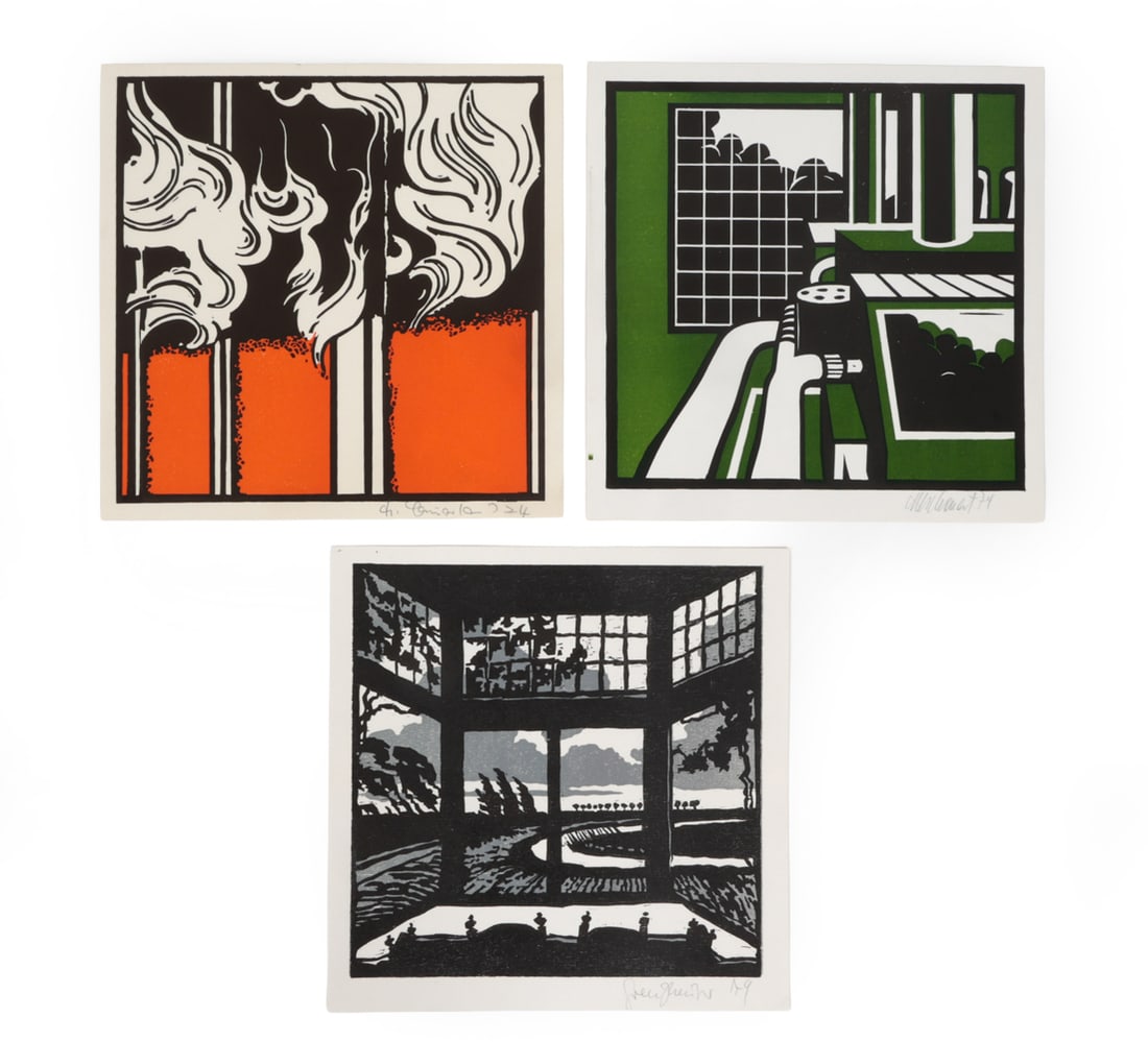 HELMUT MESCHONAT (GERMAN, B. 1943) LITHOGRAPHS: (3) Signed, dated '74 lower margin. Dimensions: (Largest) H 11.75" x W 11.75" Condition: Wear consistent with age. Very light signs of handling.