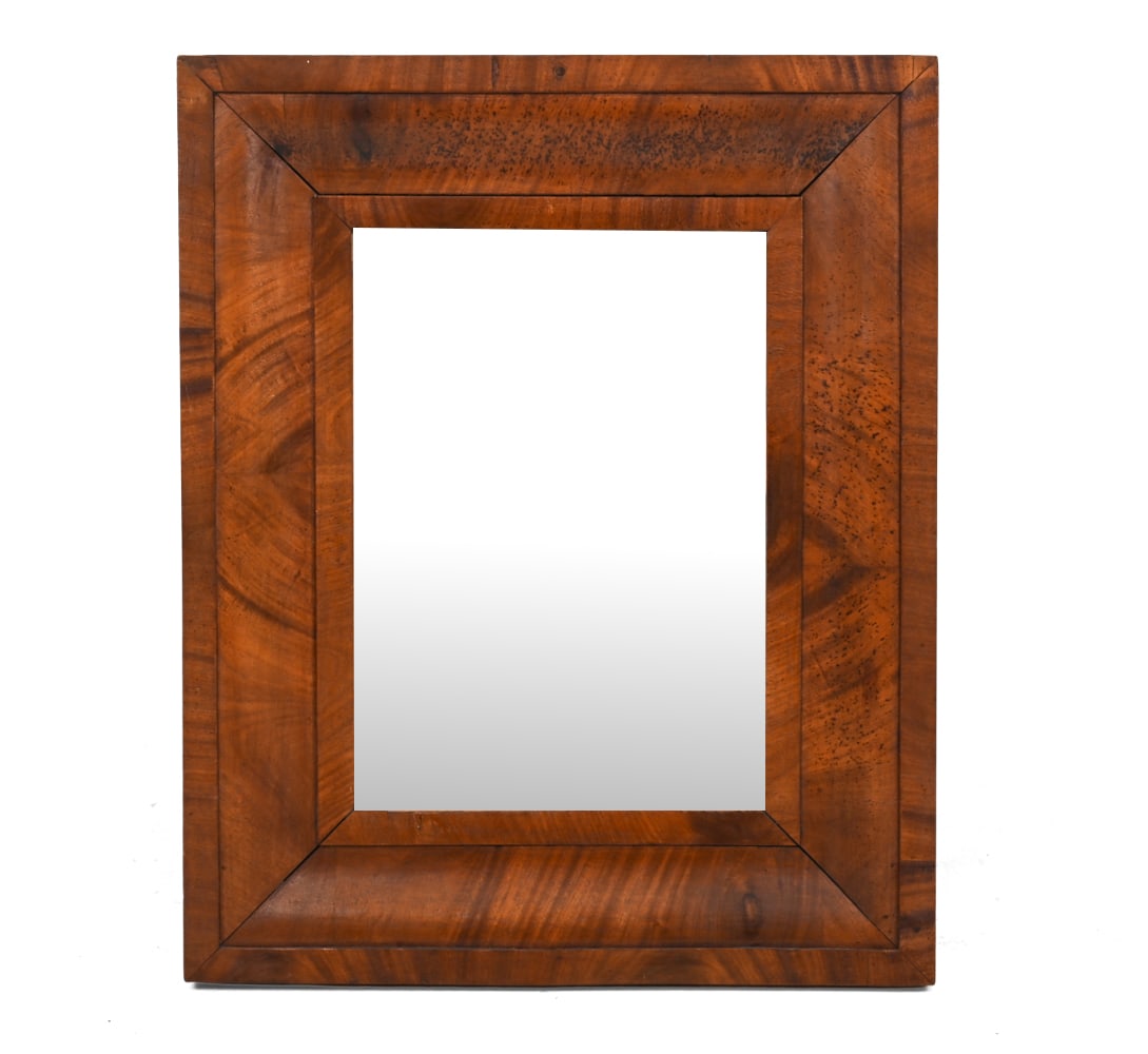 ANTIQUE AMERICAN EMPIRE STYLE MAHOGANY WALL MIRROR: Dimensions: (Frame) H 21.5" x W 17.75" (Sight) H 13.5" x W 9.75" Condition: Wear consistent with age. Veneer loss to frame. Stress crack to joints. Minor sun fading.