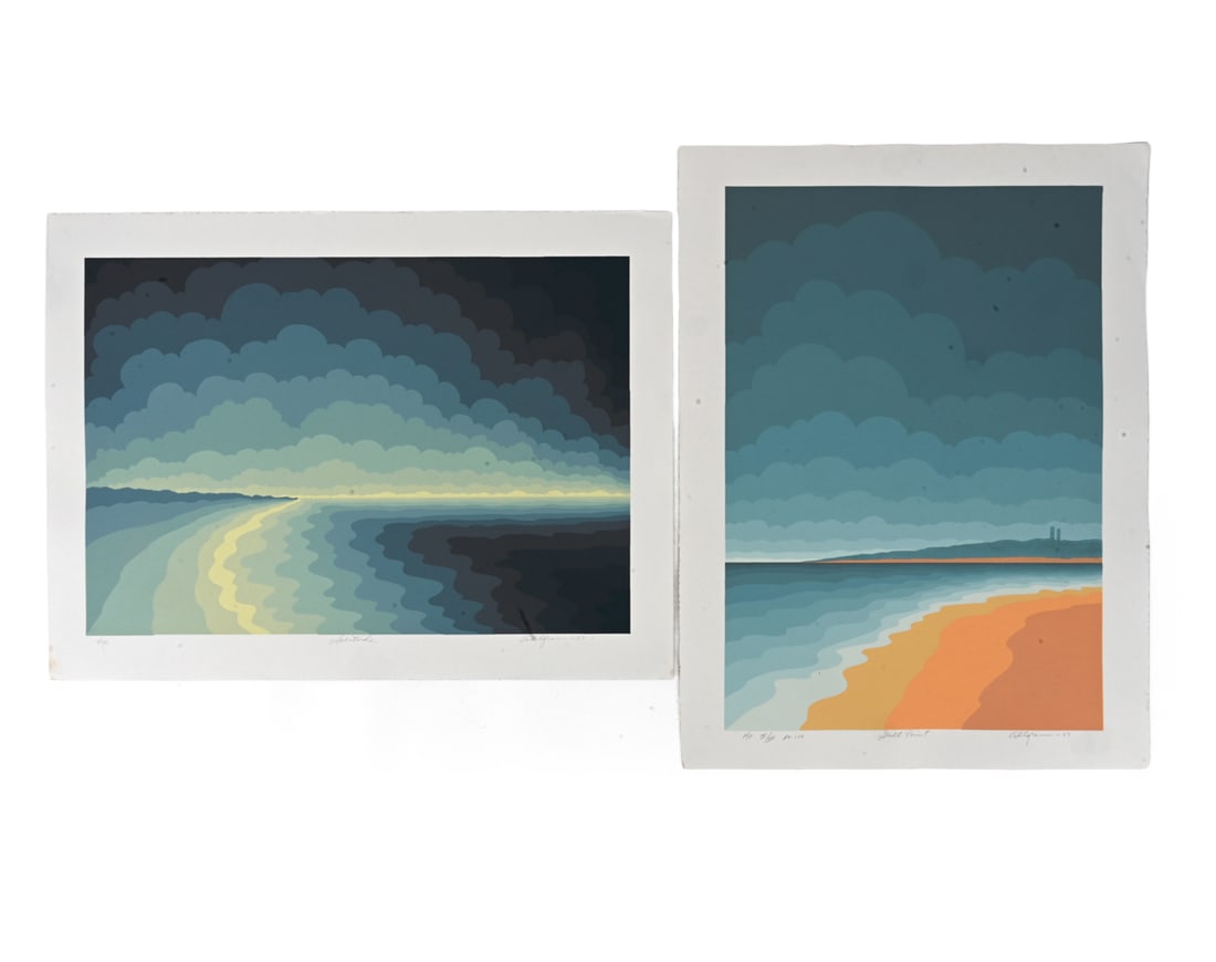 (2) ROY AHLGREN (1927-2001) SILKSCREENS: "Gull point", '87, A/P, II/III Ed 102, pencil signed. "Solitude" 89/95, '87, pencil signed Dimensions: (Largest) H 22.5" x W 30" Condition: Wear consistent with age. Fraying to edges.