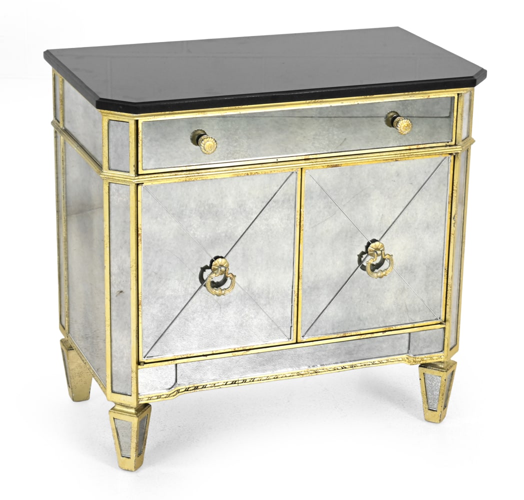 BASSETT BORGHESE GILT & MIRRORED NIGHTSTAND: Black top nightstand, featuring gold trim, mirrored glass panels and decorative ring pulls. Dimensions: H 28.5" x W 29.75" x D 16.5" Condition: Wear consistent with age and use. Couple of light