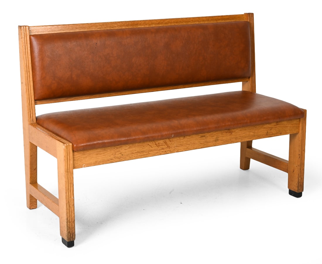 HAAGSE SCHOOL STYLE DUTCH OAK BENCH: Vinyl upholstery. Netherlands, 20th century.Dimensions: H 32.5" x W 49" x D 19" x SH 18"Condition: Fading, scuffs, scratches to edges. Discoloration to leather. Wear consistent with age and use.