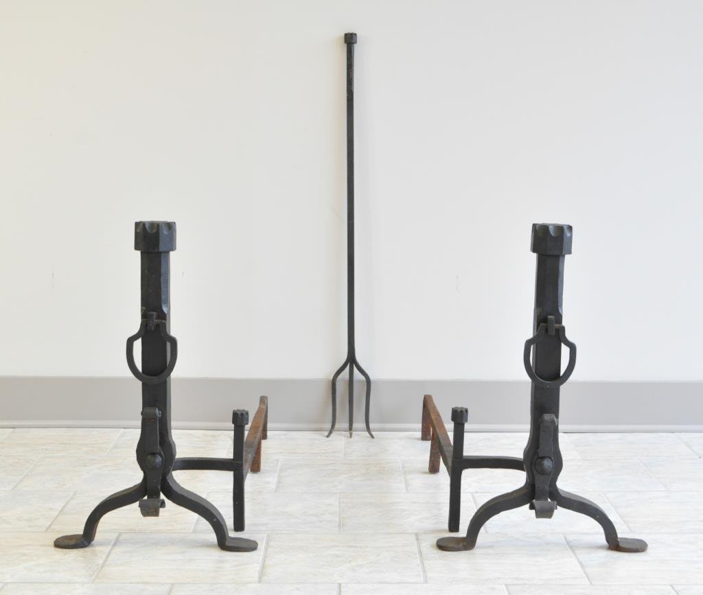 ARTS & CRAFTS IRON ANDIRONS AND FIREPLACE TOOL: All iron. Dimension: Andirons: H 26"