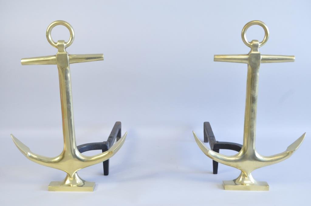 PAIR OF BRASS ROSTAND ANCHOR ANDIRONS: Dimension: H 18.5" X W 12.75" X D 19" Condition: good