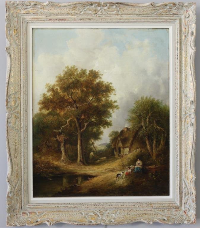 SAMUEL DAVID COLKETT (BRITISH 1806 - 1863) O/C: English Rural Landscape Oil on canvas,signed middle bottom. Dimensions: framed: H 31 " x W 26.5" unframed: H 24" X W 20" Provenance: From a private CT collection