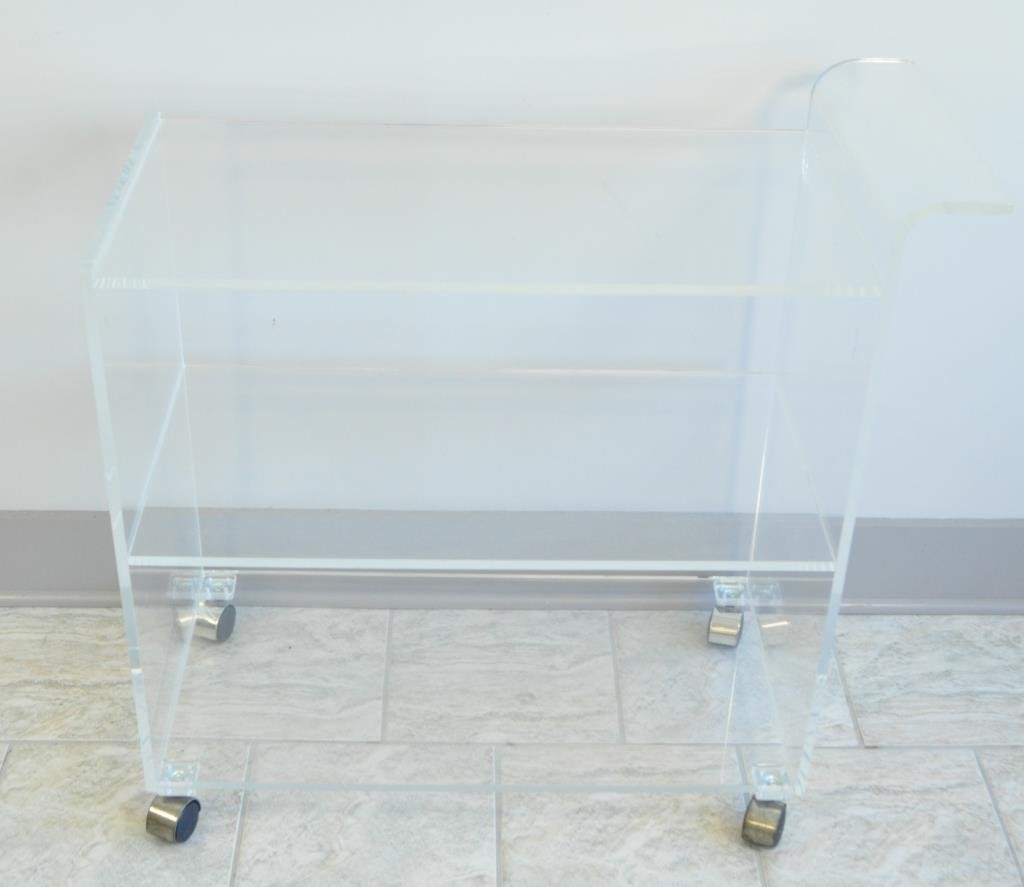 LUCITE ROLLING BAR CART: Dimension: H 32" X L 34" X W 16" Condition: A few scratches on handle.