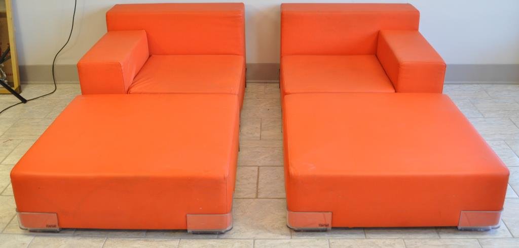 PAIR OF KARTELL ORANGE CLUB CHAIRS W/ OTTOMANS: Repair as shown Seat 23" H x 34" L x 34" W Ottoman 10" H x 34" L x 34" W