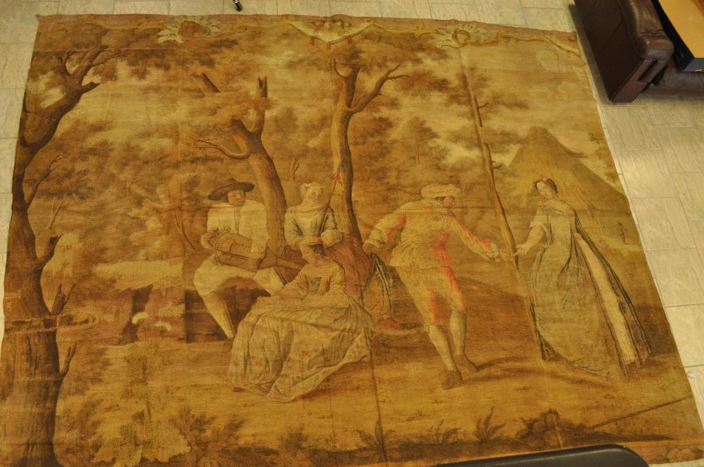 LARGE ANTIQUE PAINTED TAPESTRY OR BACK DROP: On a burlap/canvas like material many repairs over time Most likely a play or photo backdrop. Dimension: 122" X 104" From the Estate of Interior Designer Stanley Hura