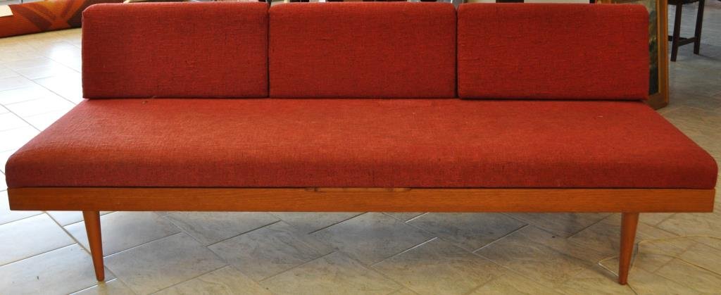 MID-CENTURY DANISH SOFA: Dimension: H 29" X L 78" X W 28" Condition: Good, sturdy. Staining to middle of seat cushion.