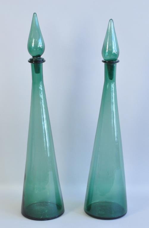 2 MID-CENTURY BLENKO GLASS DECANTERS: Dimension: Large H 25" x dia. 5" Condition: good