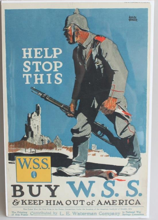 C. 1918 STOP THE HUN BUY WSS - WWI POSTER: ï¿½HELP STOP THIS - BUY W.S.S. & KEEP HIM OUT OF AMERICAï¿½ Artist: Adolph Freidler Color lithograph, printed by W.F. Powers Co. Litho., NY, Choice Dimensions:14.5ï¿½ x 9.5ï¿½ Condition: H