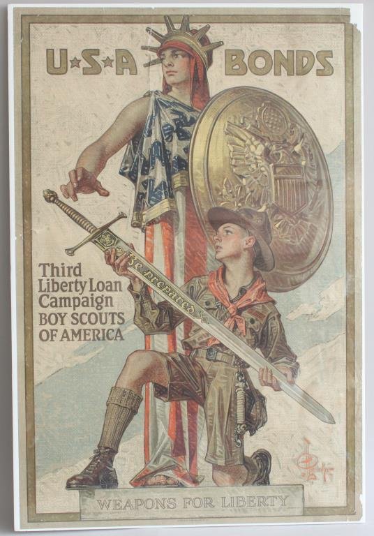 U.S.A. BONDS - WWI POSTER: "Third Liberty loan Campaign Boys Scouts of America, Weapons for Liberty. Artist: J.C. Leyendecker. Color lithograph, printed by American Lithographic Co. NY Dimension: H 30" X W 20" Condition: 6.5 in