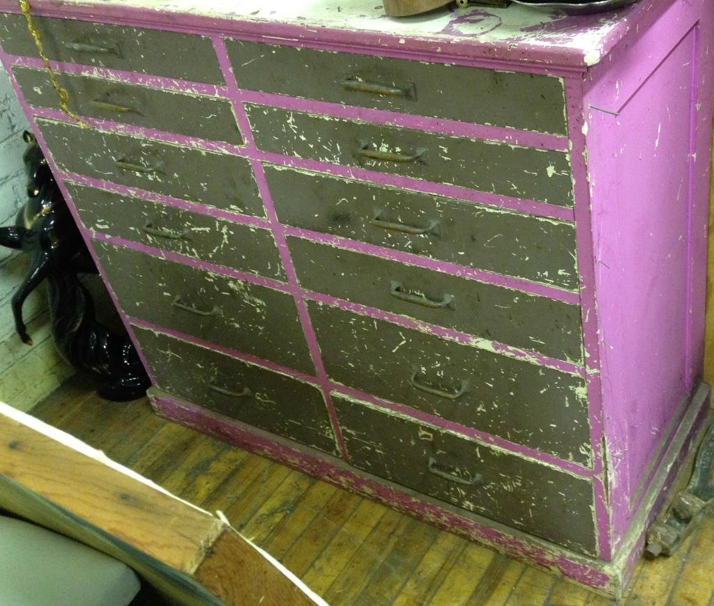 12 DRAWER OAK CABINET INDUSTRIAL APOTHECARY: Has been painted
