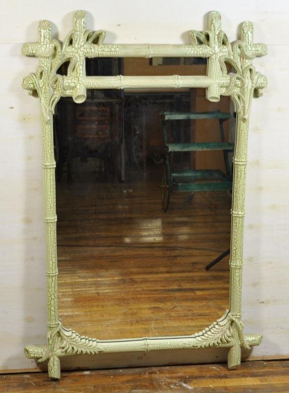 GAMPEL-STOLL WHITE LACQUERED FAUX BAMBOO MIRROR: C.1971 Dimensions: H 53" x W 35.5" D 2.5" Condition: good minor paint loss if any Provenance: From the seedhouse, NYC