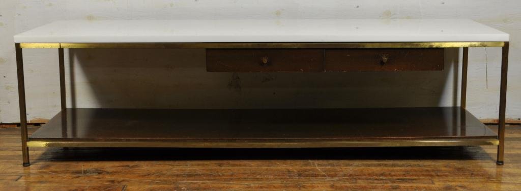 PAUL MCCOBB COFFEE TABLE W/ WHITE NEOPARIUM GLASS: For Calvin ,VERY RARE Small repair to one corner of glass top Dimensions: H 16.5" x W 19" x L 60" Provenance: From the seedhouse, NYC