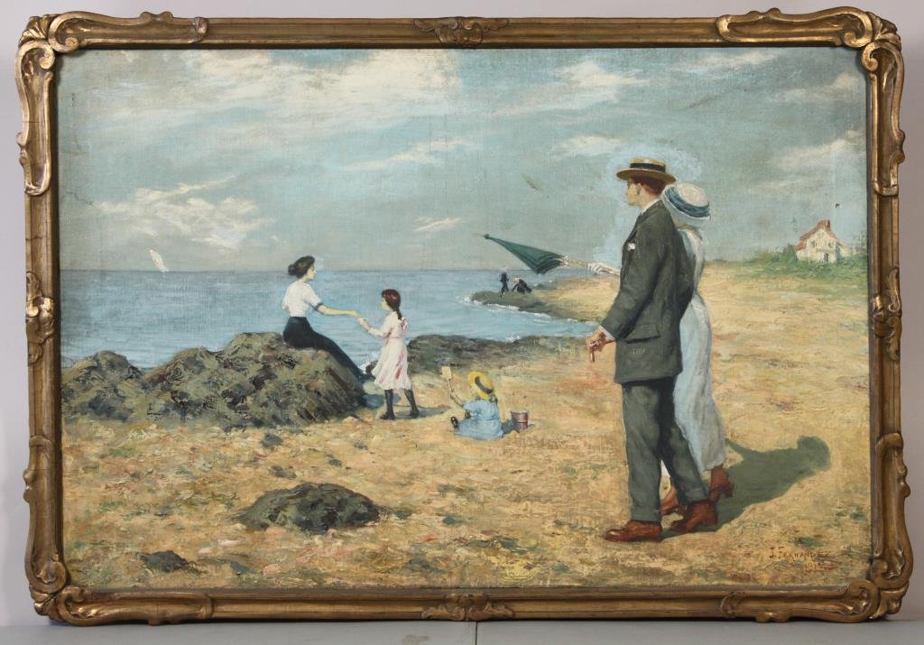 1912 J. FERNANDEZ O/C BEACH SCENE PAINTING 1: Dimension: 29.5" X 19.5" Condition: Needs cleaning, small hole.