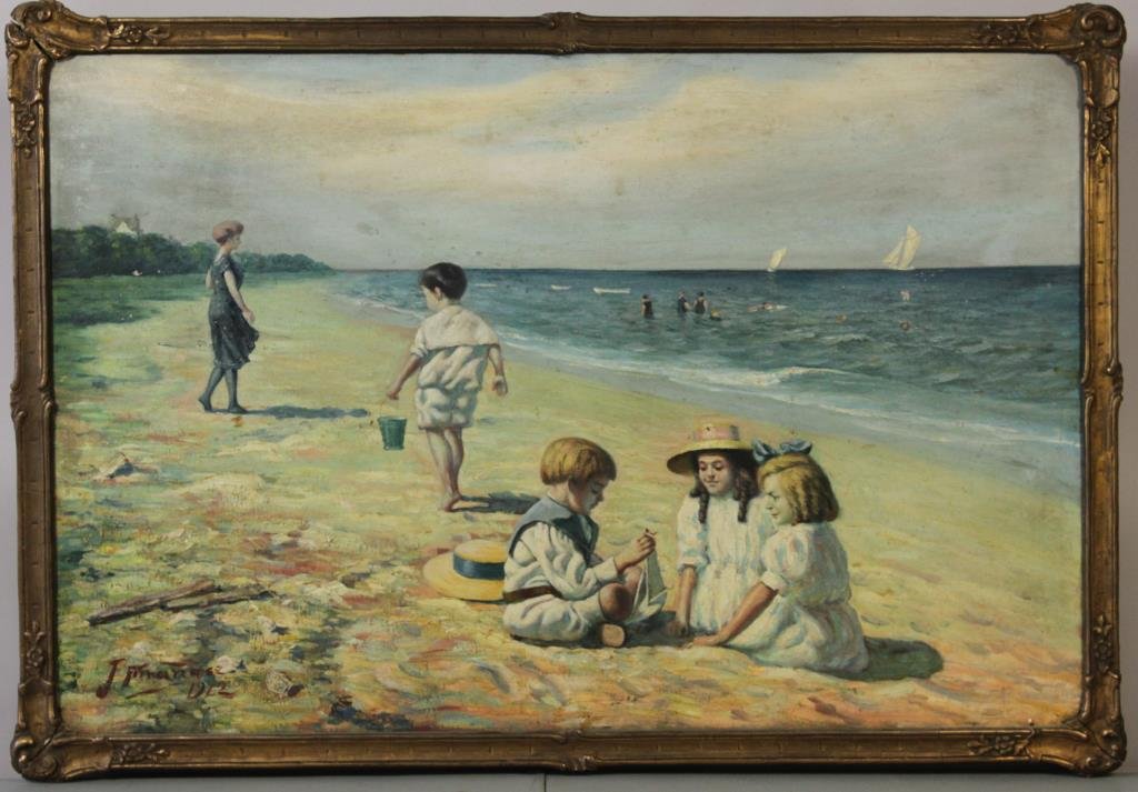 1912 J. FERNANDEZ O/C BEACH SCENE PAINTING 2: Dimension: 29.5" X 19.5" Condition: Needs cleaning, some chipping.