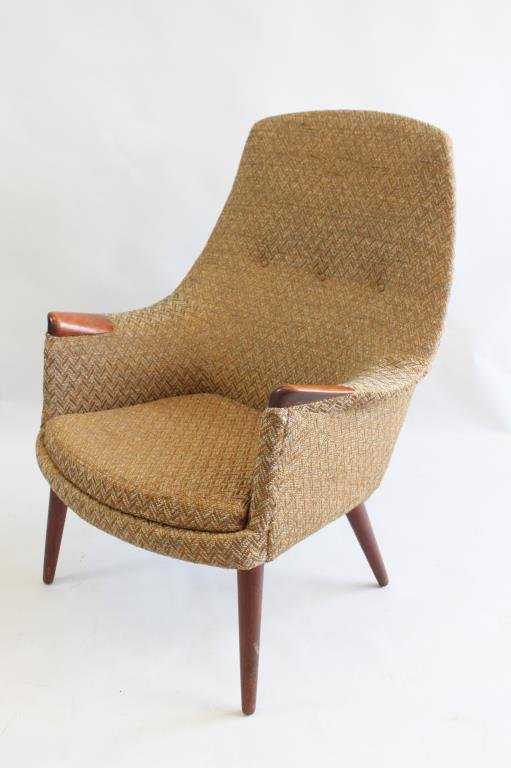 ADRIAN PEARSALL STYLE DANISH UPHOLSTERED CHAIR: Rosewood accents to armrests Dimensions: H 39.5" x W 29" Condition: very good
