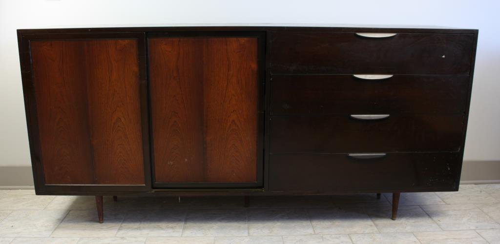 C. 1960 HARVEY PROBBER SIDEBOARD: Ebonized mahogany & rosewood sliding doors, C. 1950s Dimension: H 23" X 19" W X L 44.5" Condition: Good, minor wear to edges and surface scratches