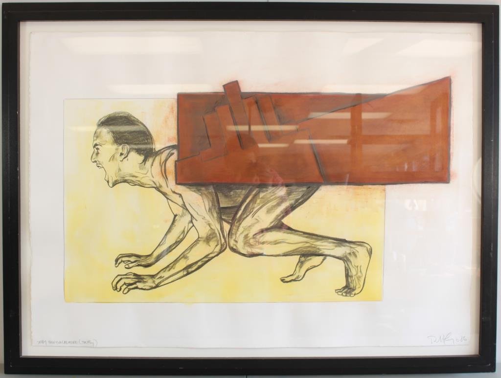 ROBERT LONGO (AMERICAN 1953- ) 1986 STUDY FOR FLY: Titled: "STUDY: NOW IS CREATURE (THE FLY)", 1986 Charcoal, graphite, dye,ink & pigment on heavy paper, signed: lower left titled, lower right R LONGO, 86 Dimension: framed H 35.5" X W 47.5" X D 2 1/4"