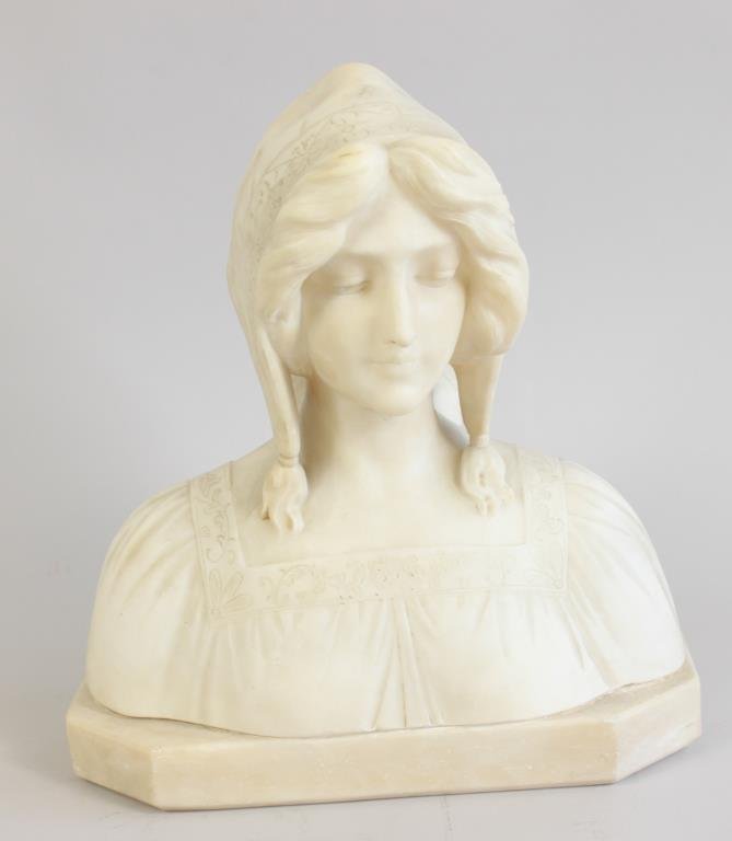 ART NOUVEAU FEMALE BUST C.1900: Carved alabaster. Dimensions: H 11" X L 6" X W 6" Condition: some small chips to the base. Seperated from base