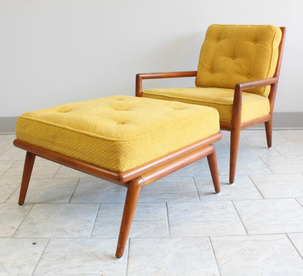 T.H. ROBSJOHN GIBBINGS ARM CHAIR & OTTOMAN: Dimension: H 17.5" X L 24.5" X W 25.5 Ottoman Dimension: H 31" X L 28" X W 26" Chair Condition: Good, light signs of age. Clean upholstery.