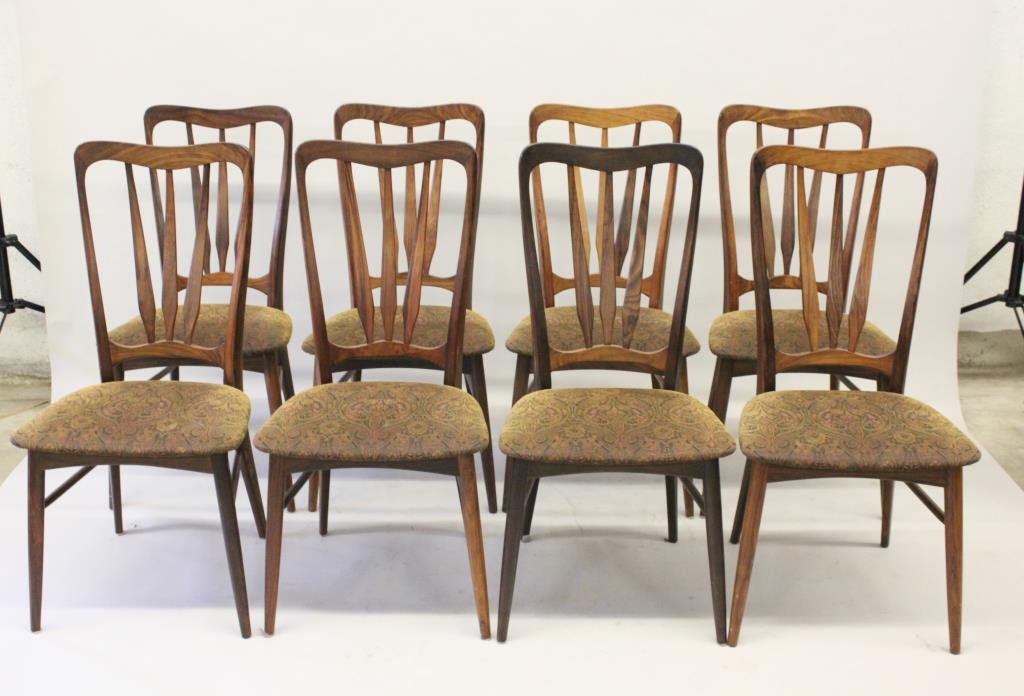 8 ROSEWOOD DINING CHAIRS BY NIELS KOEFOEDS: Designed by Niels Kofoeds, produced by Hornslet Mobelfabrik. The form called the "Ingrid". Dimension: H 38.5" X L 18.5" X W 18" Condition: excellent