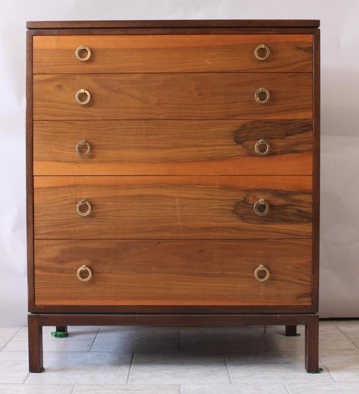 EDWARD WORMLEY DUNBAR FIGURED WALNUT CHEST: Dimension: H 42" X L 34.5" X W 18" Condition: Very good, wear to top from use.